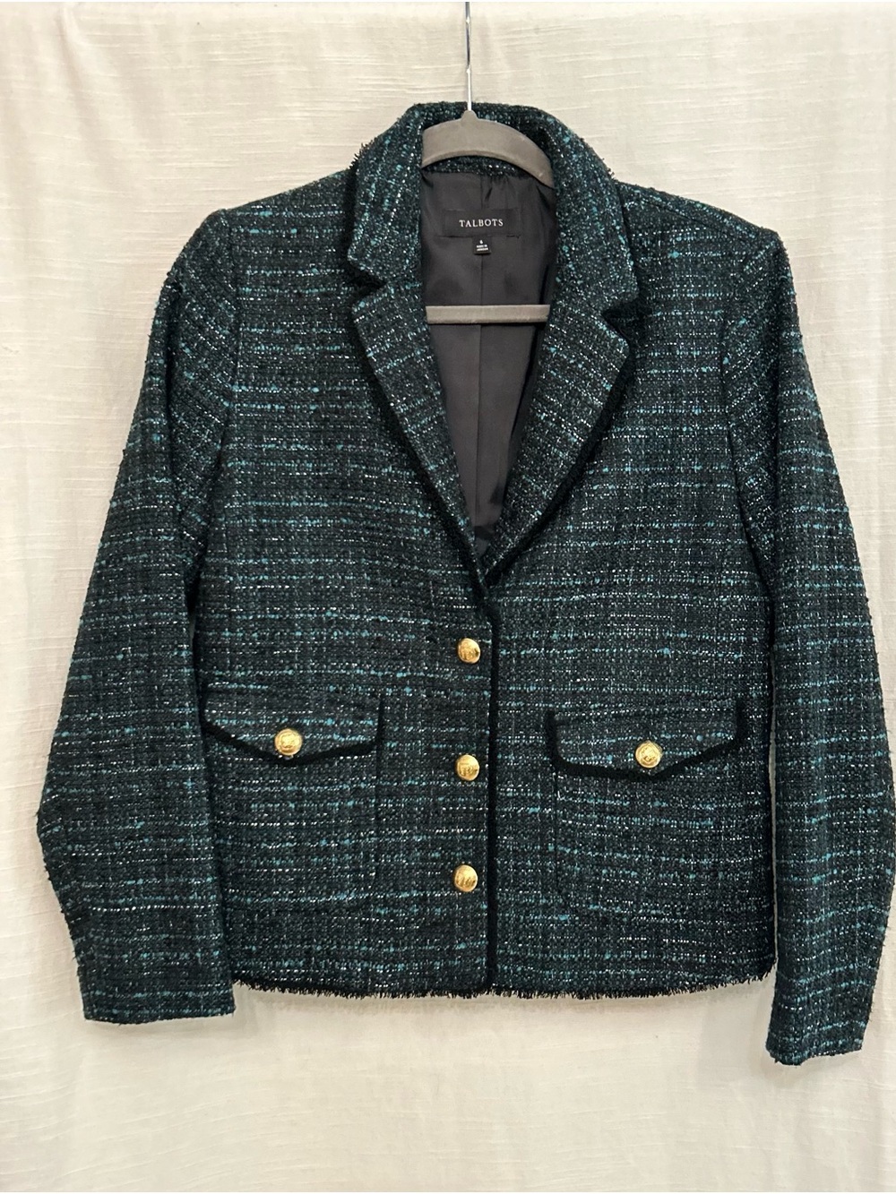 Talbots Teal-Black Tweed Preppy Blazer with Gold Buttons and Fringe